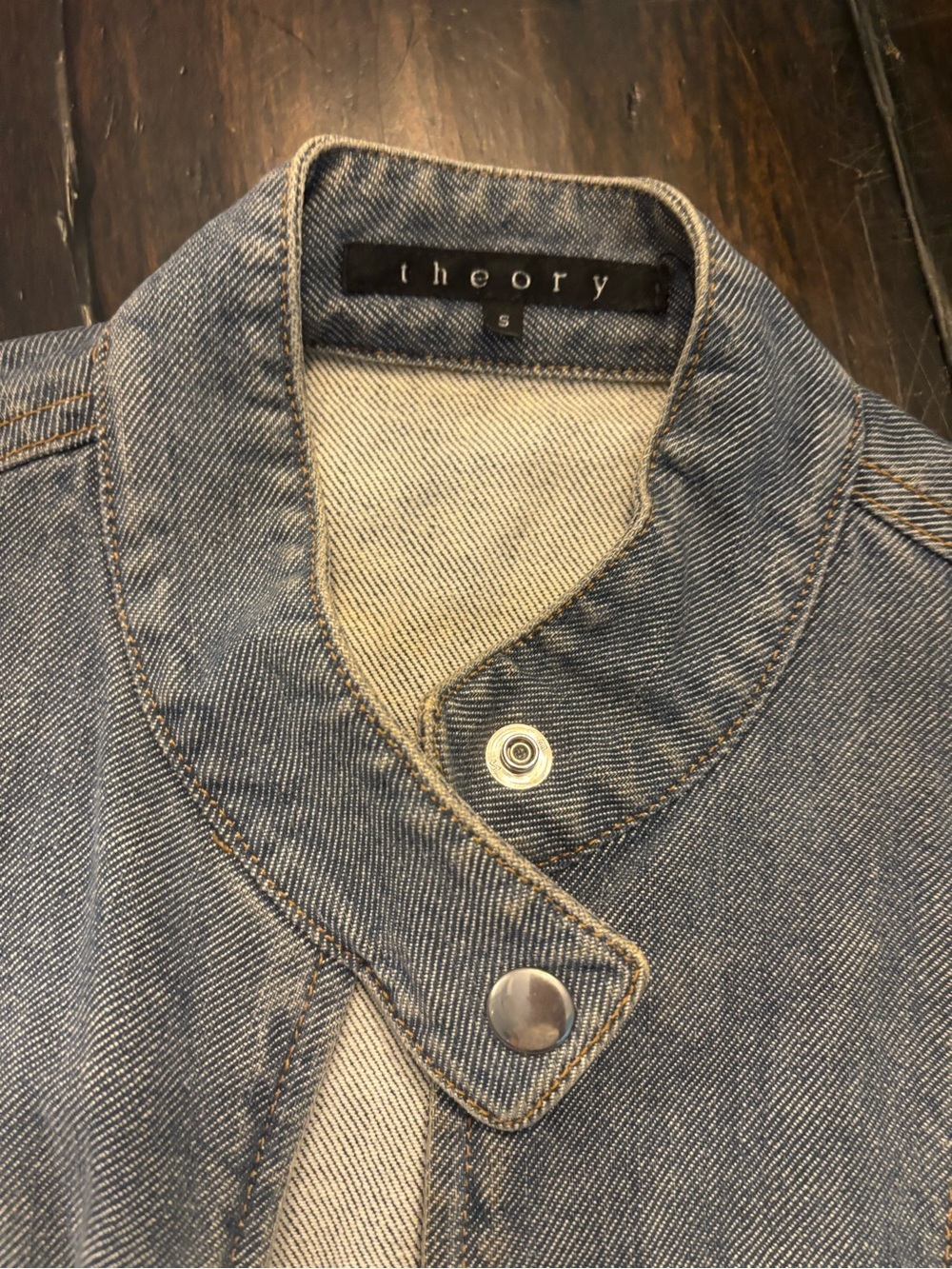 Theory Light Blue Jean Jacket with mandarin Snap and zipper size small